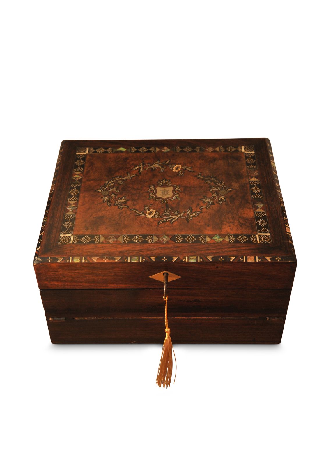 photo for sale Elegant 19th Century Victorian Flame Mahogany Decorative Inlaid Fitted Writing Slope With Black Ebonised Accents & A Tooled Leather Interior
