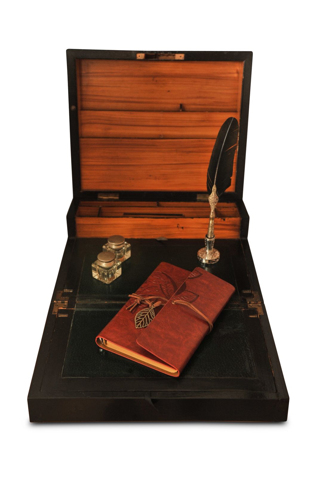 Home Decor Elegant 19th Century Victorian Flame Mahogany Decorative Inlaid Fitted Writing Slope With Black Ebonised Accents & A Tooled Leather Interior photo