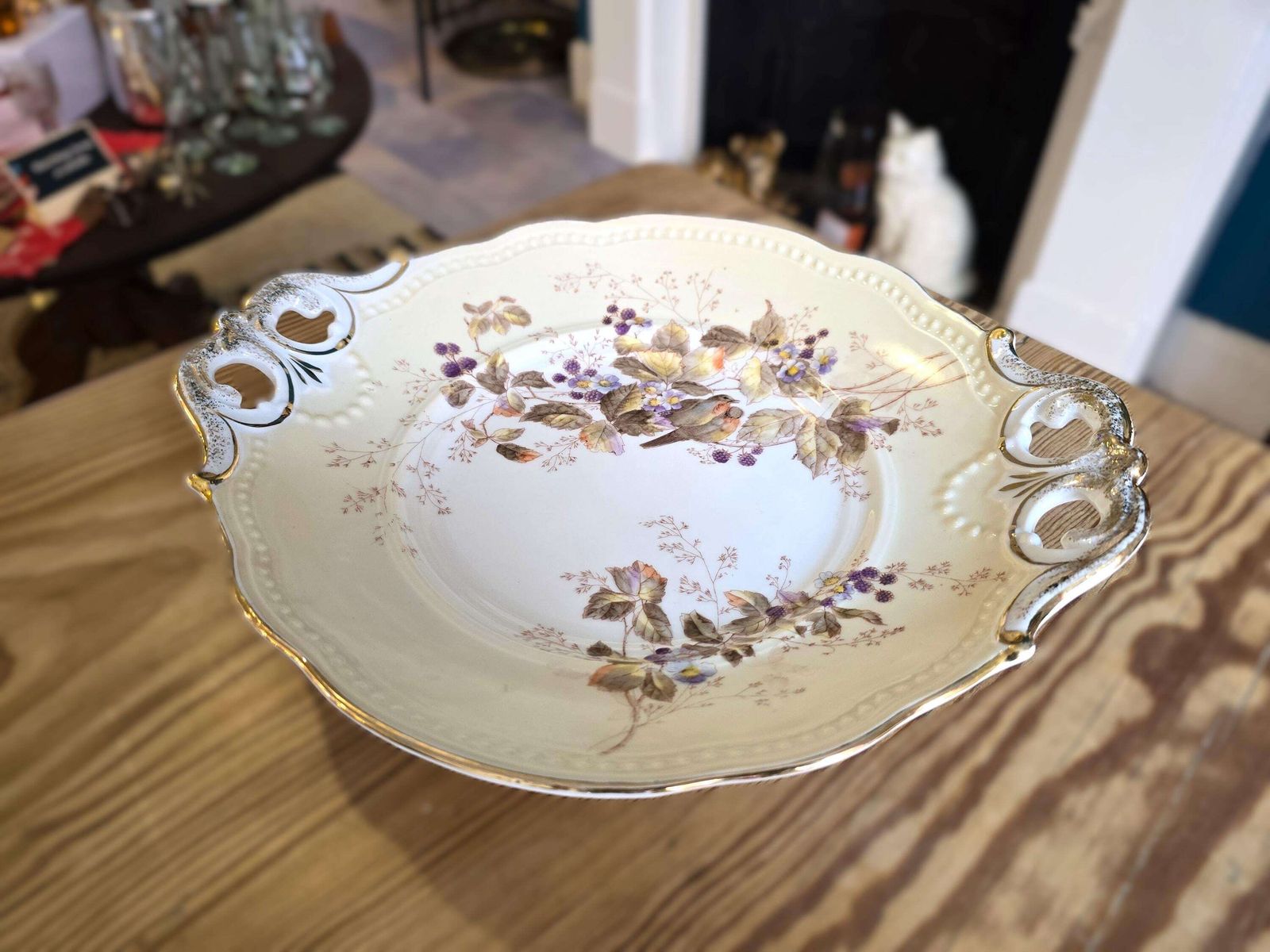 Antique Kpm Birds And Berries Platter   Autumn Themed Porcelain Charger   Hand Painted Cream And Gold Dish