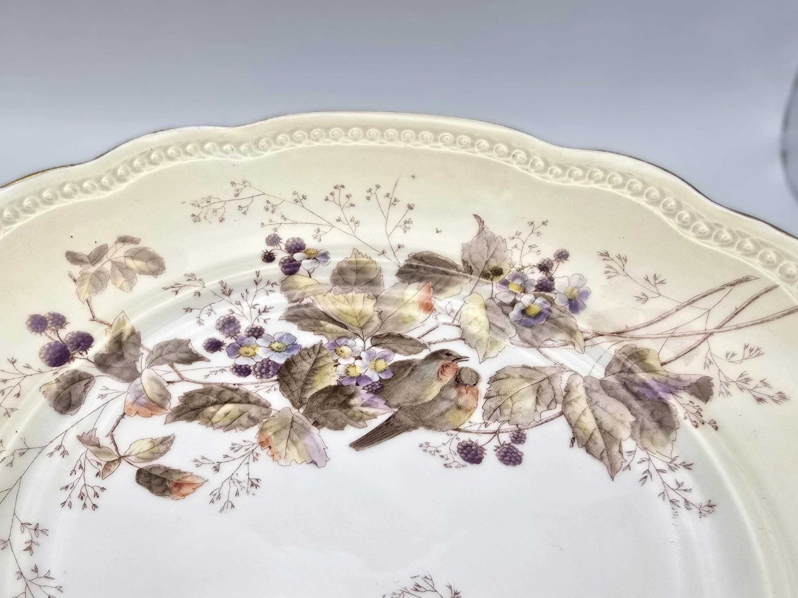 Antique Kpm Birds And Berries Platter   Autumn Themed Porcelain Charger   Hand Painted Cream And Gold Dish photo for sale
