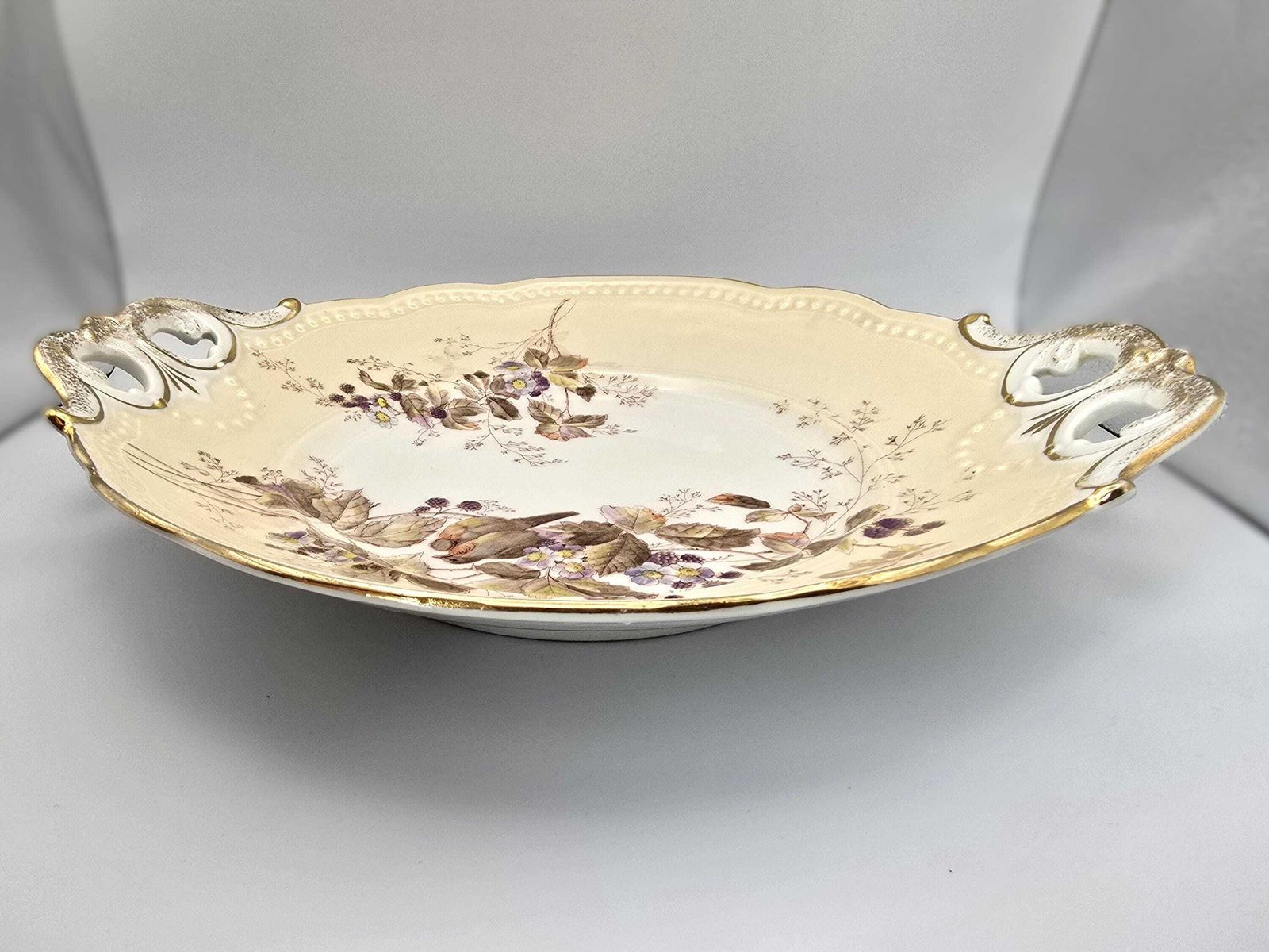 Antique Kpm Birds And Berries Platter   Autumn Themed Porcelain Charger   Hand Painted Cream And Gold Dish photo 60.0