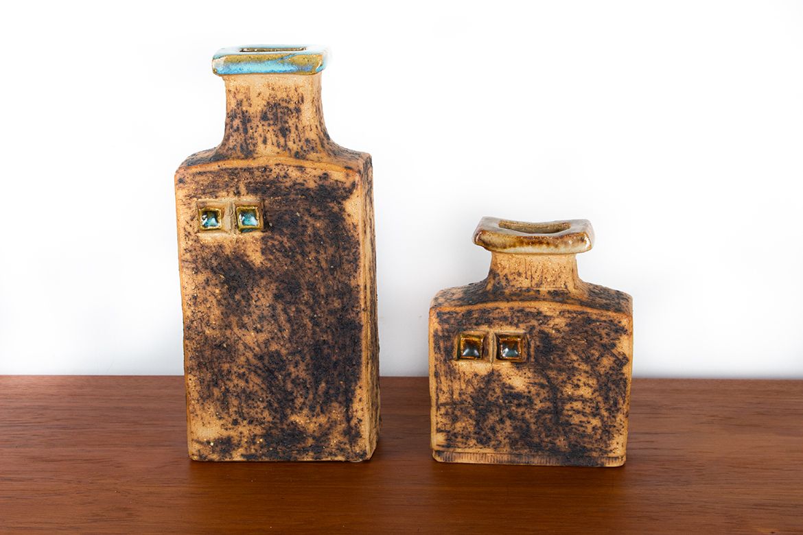 Pair Of Swedish Brutalist Style Stoneware Vases With Glazed Collar By Curt Magnus Addin 1960. photo Home Decor