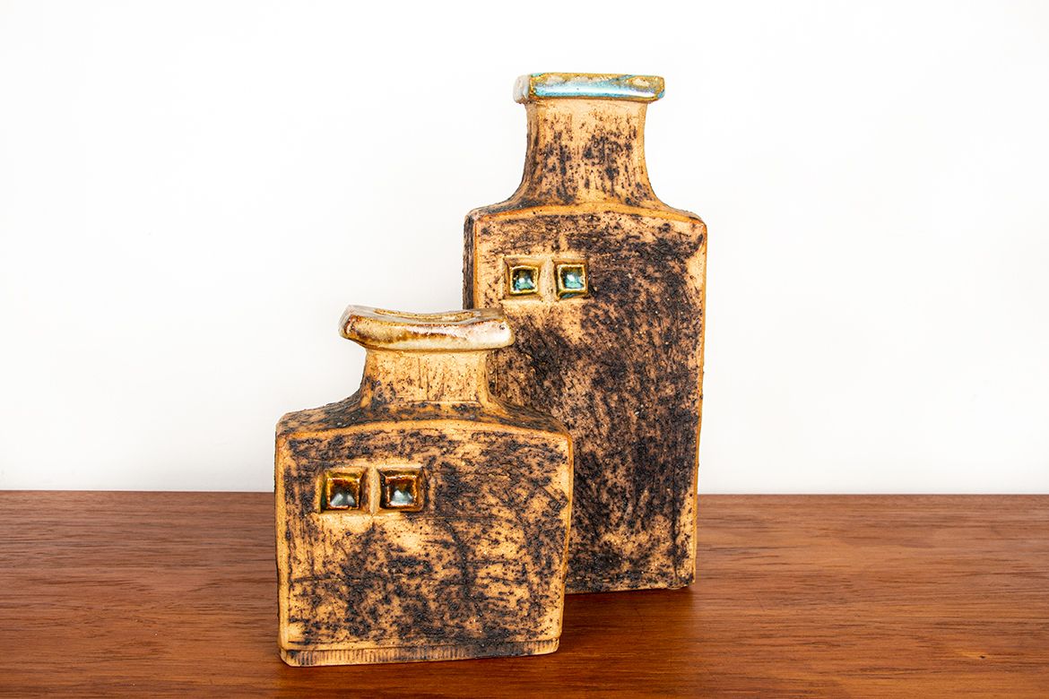 Pair Of Swedish Brutalist Style Stoneware Vases With Glazed Collar By Curt Magnus Addin 1960. photo vinterior