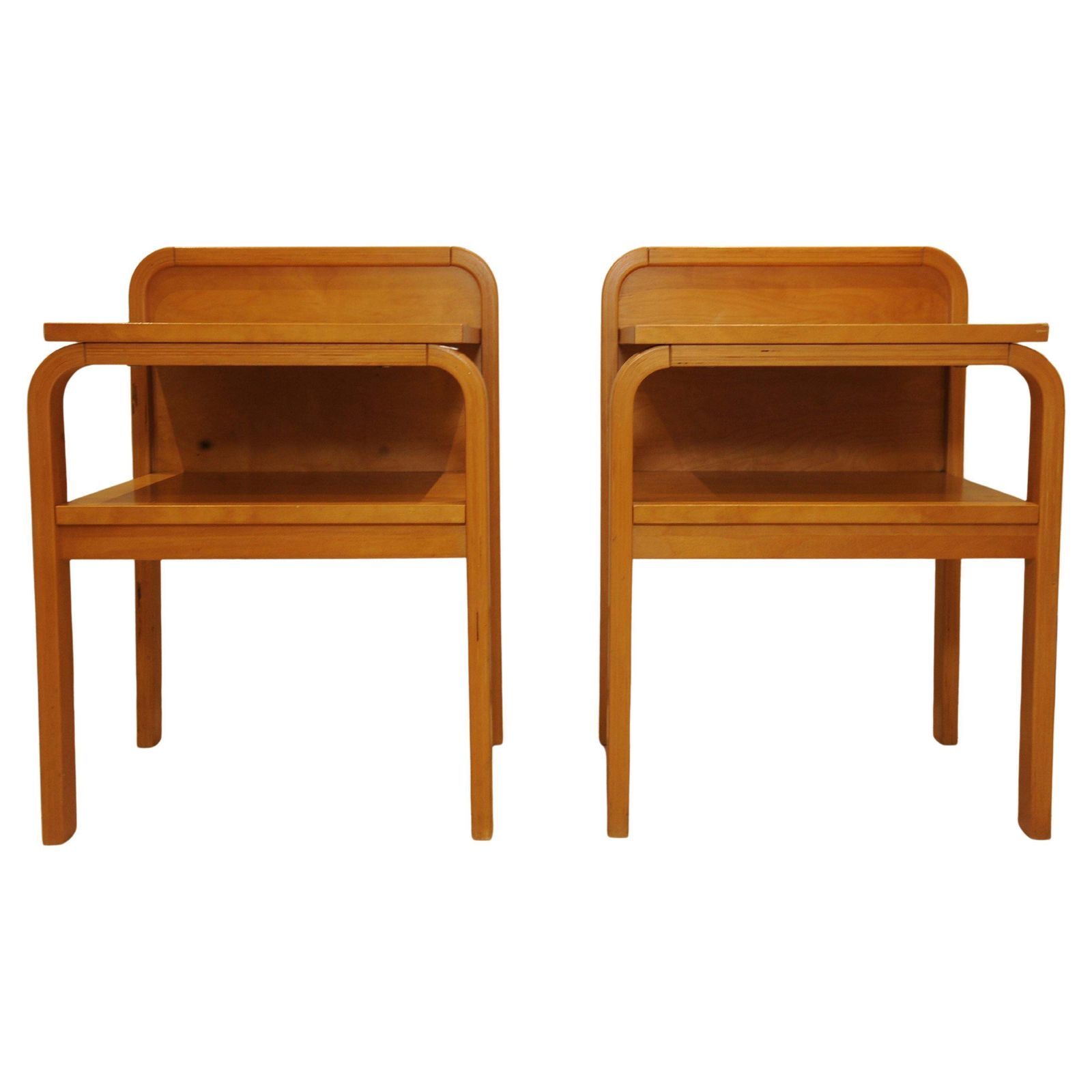 photo vintage A Pair Of Original Isku Oy Of Finland Bent Plywood Birch Bedside Tables With Maker's Labels 1980's Ol
