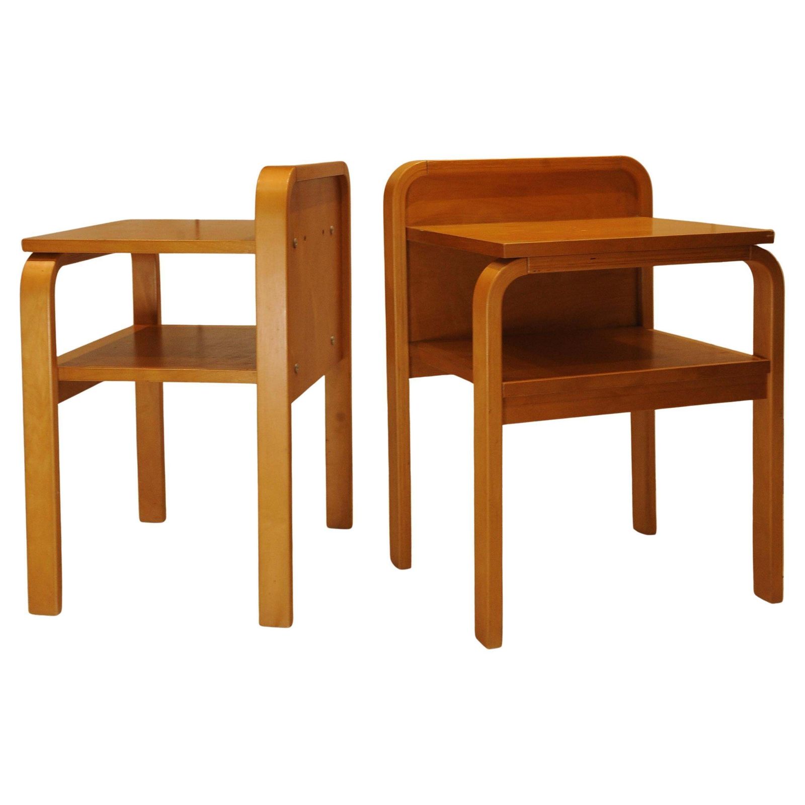A Pair Of Original Isku Oy Of Finland Bent Plywood Birch Bedside Tables With Maker's Labels 1980's Ol photo buy