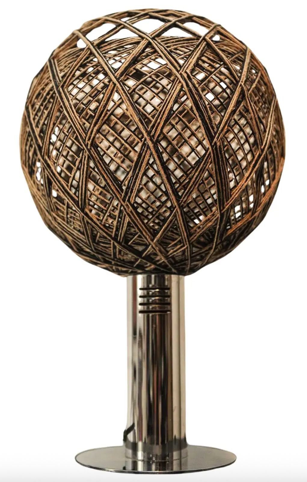 Targetti Sankey Chrome Italian Modern Table Lamp With Exquisite Woven Twine Globular Shade, Made In Italy, 1970's