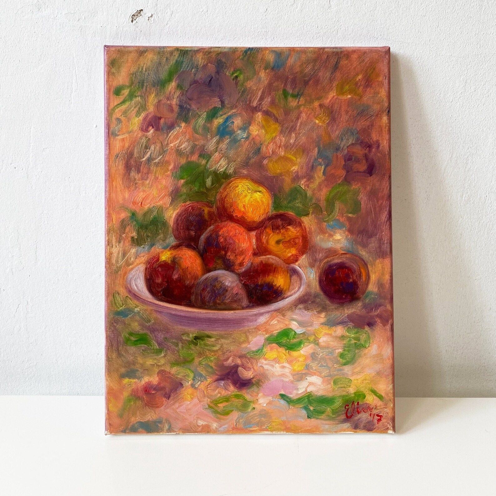 Original Oil On Canvas Still Life Painting With Peaches photo furniture
