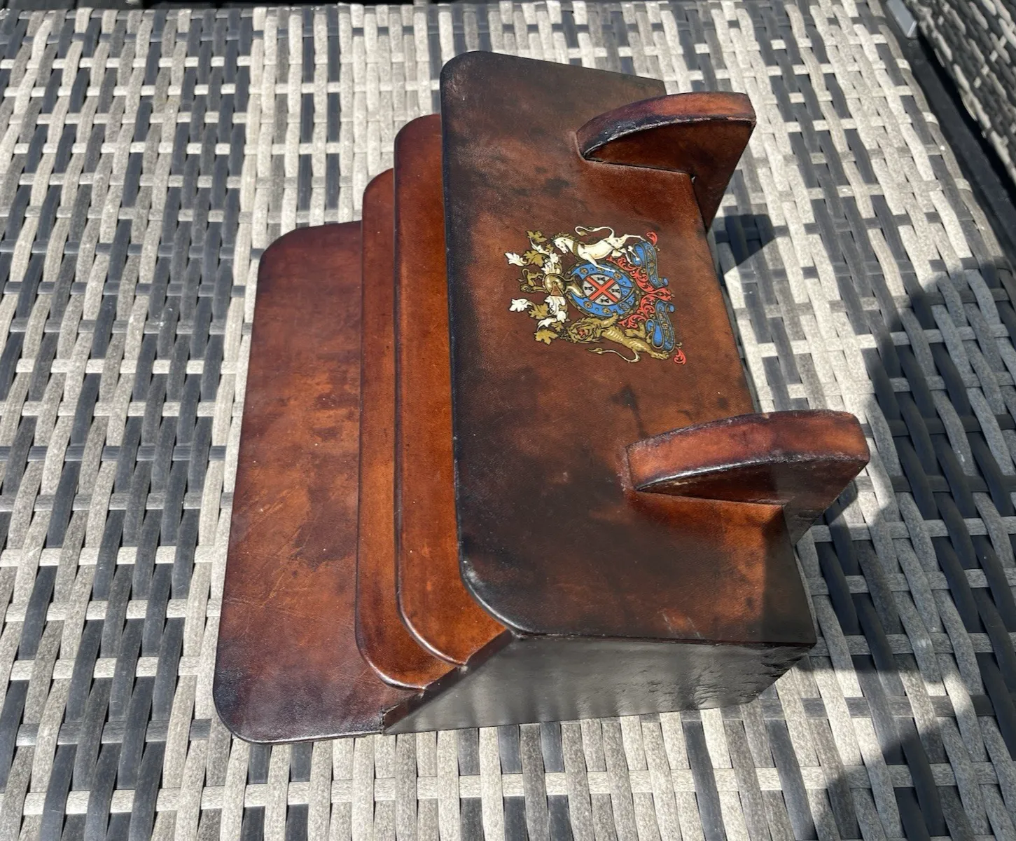 Large Vintage Leather Uk Royal Coat Of Arms Desk Letter Rack Reception Organiser photo for sale