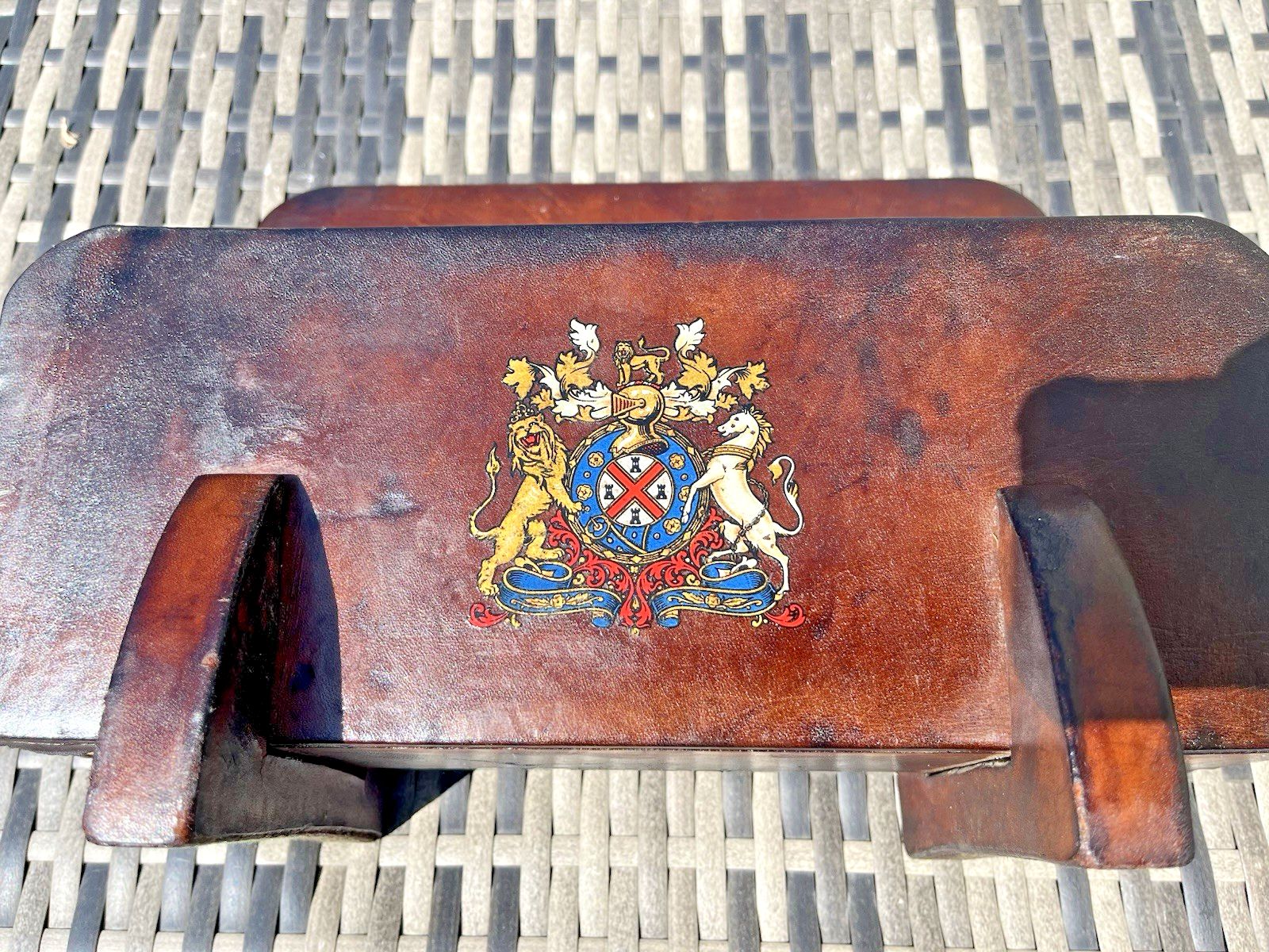 Large Vintage Leather Uk Royal Coat Of Arms Desk Letter Rack Reception Organiser photo vinterior