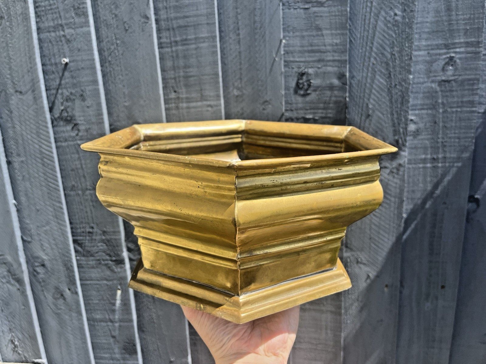 Art Deco Style Hexagonal Stepped Brass Planter Plant Cache Pot Antique Vintage