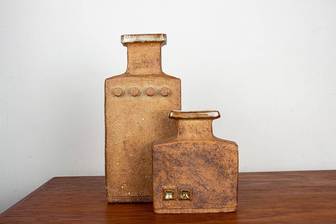 Pair Of Swedish Brutalist Style Stoneware Vases With Glazed Collar By Curt Magnus Addin 1960. photo buy