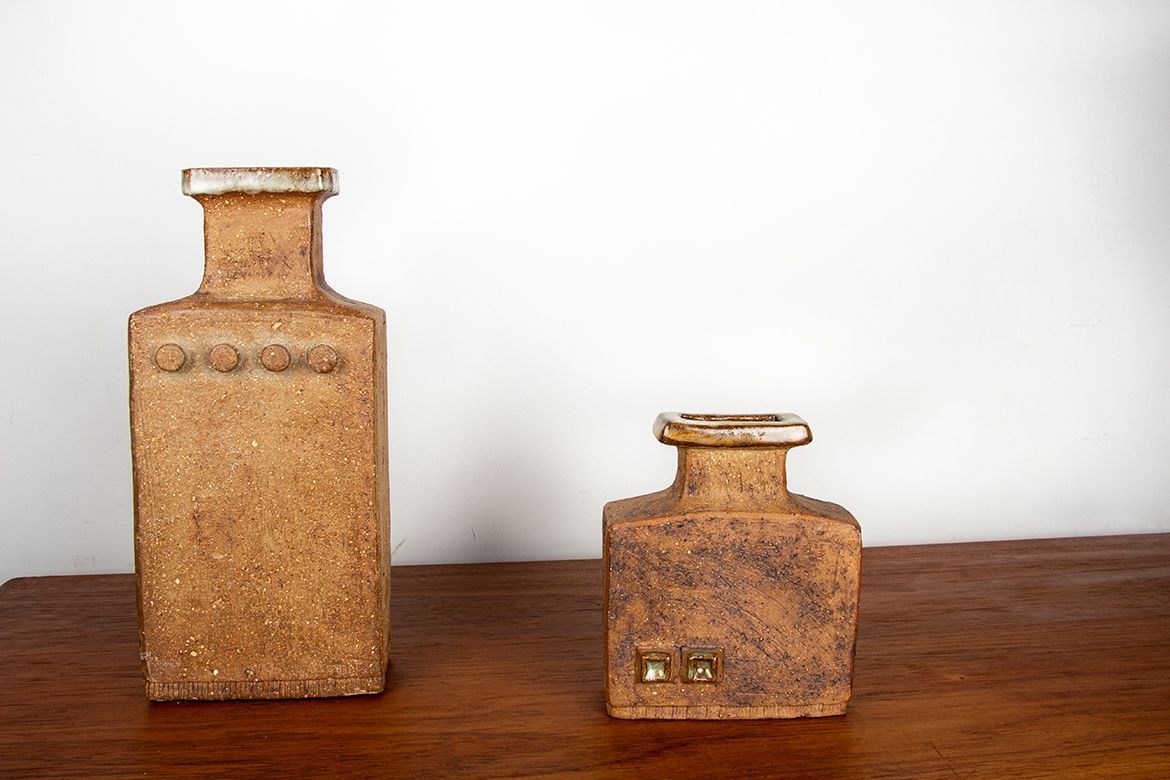 photo furniture Pair Of Swedish Brutalist Style Stoneware Vases With Glazed Collar By Curt Magnus Addin 1960.