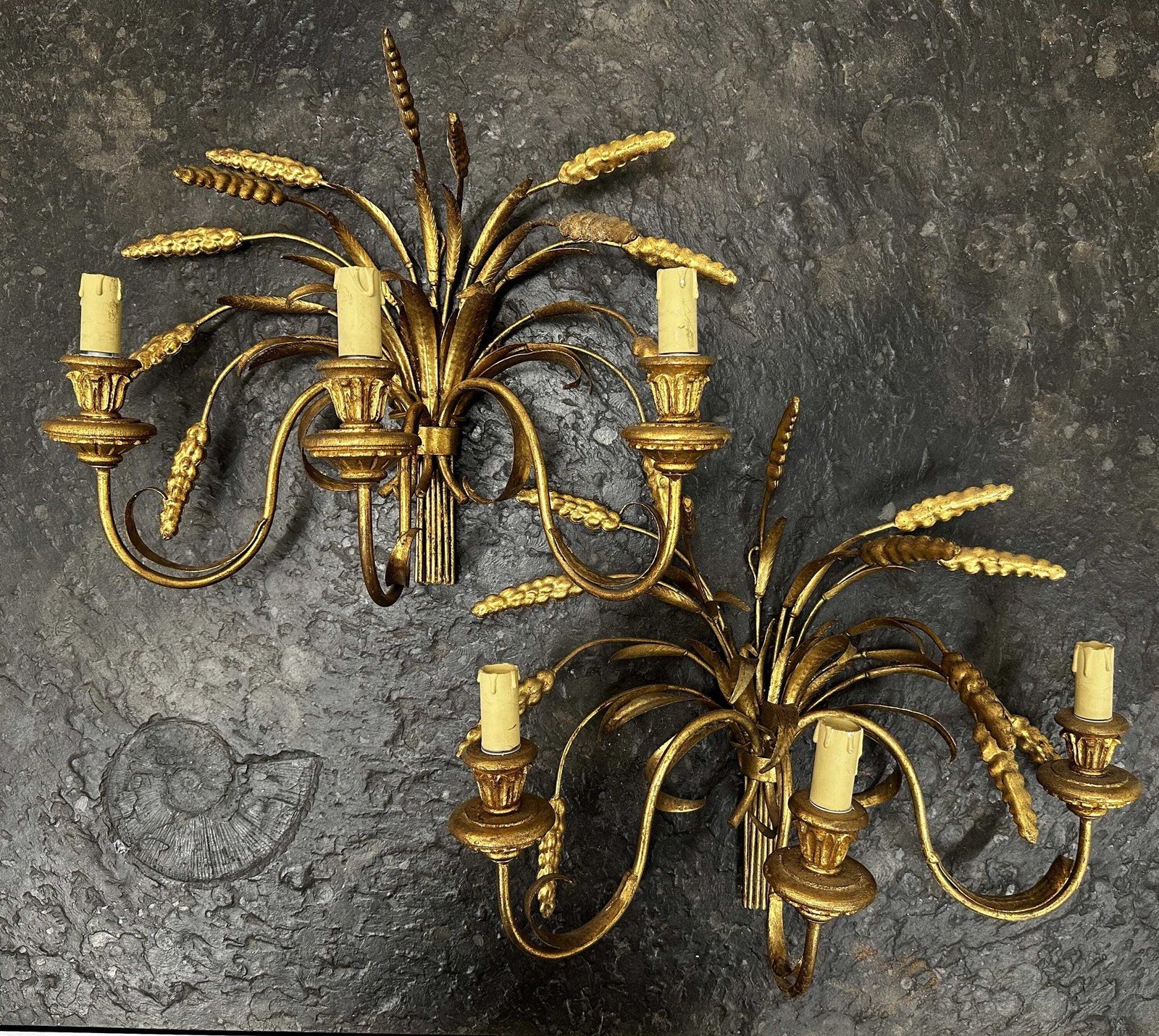 Pair Of Italian Gilt Metal Wheat Sheaf Wall Sconces, 1950s