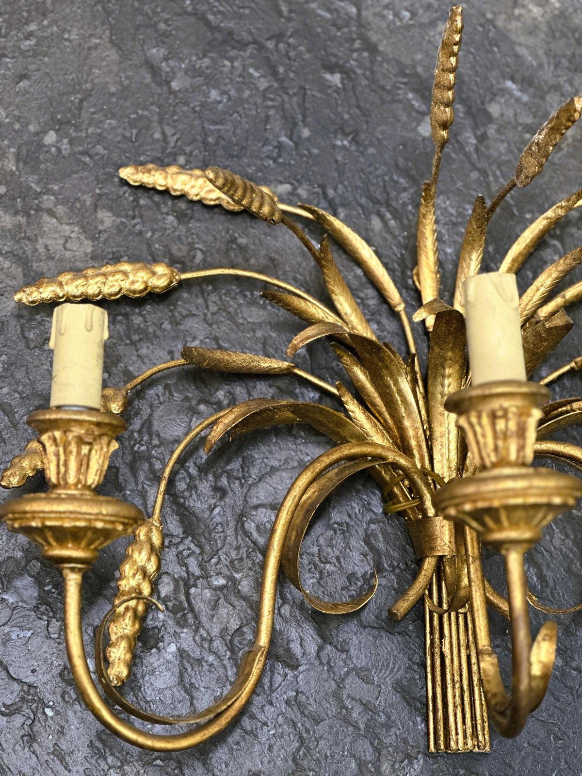 Pair Of Italian Gilt Metal Wheat Sheaf Wall Sconces, 1950s photo buy