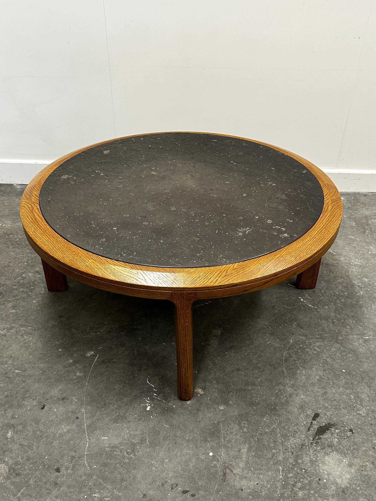 Vintage Round Textured Slate And Solid Oak Coffee Table, France, 1970s