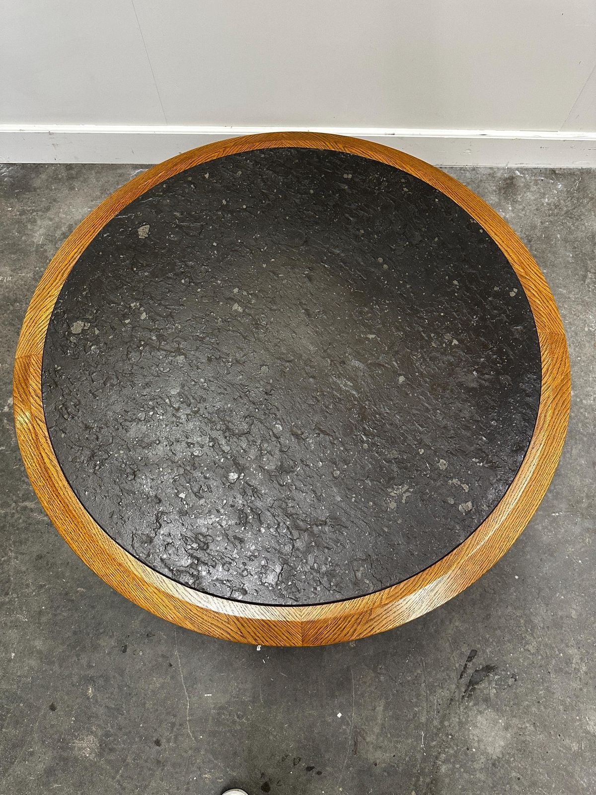 Vintage Round Textured Slate And Solid Oak Coffee Table, France, 1970s photo Furniture
