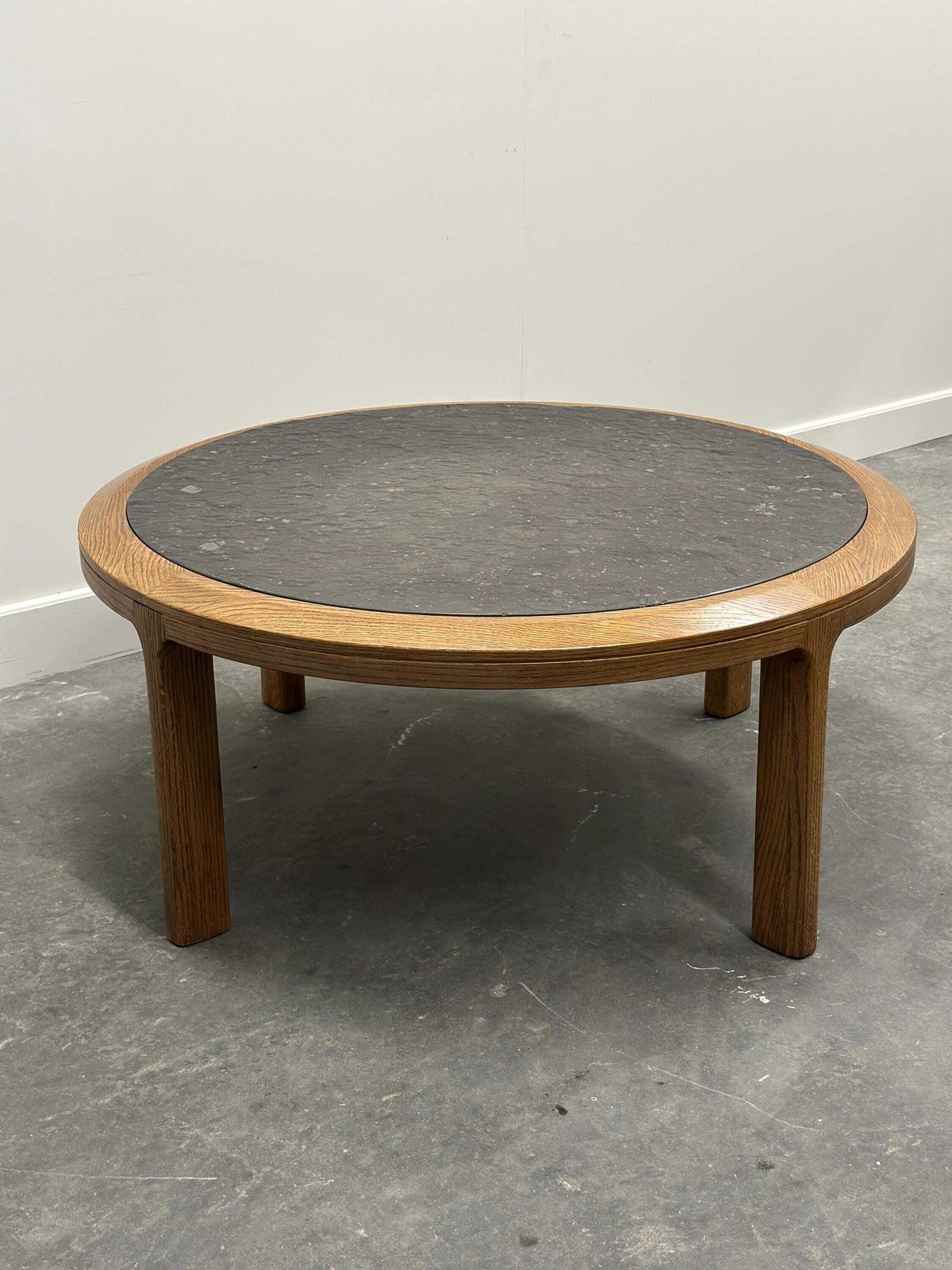 photo furniture Vintage Round Textured Slate And Solid Oak Coffee Table, France, 1970s