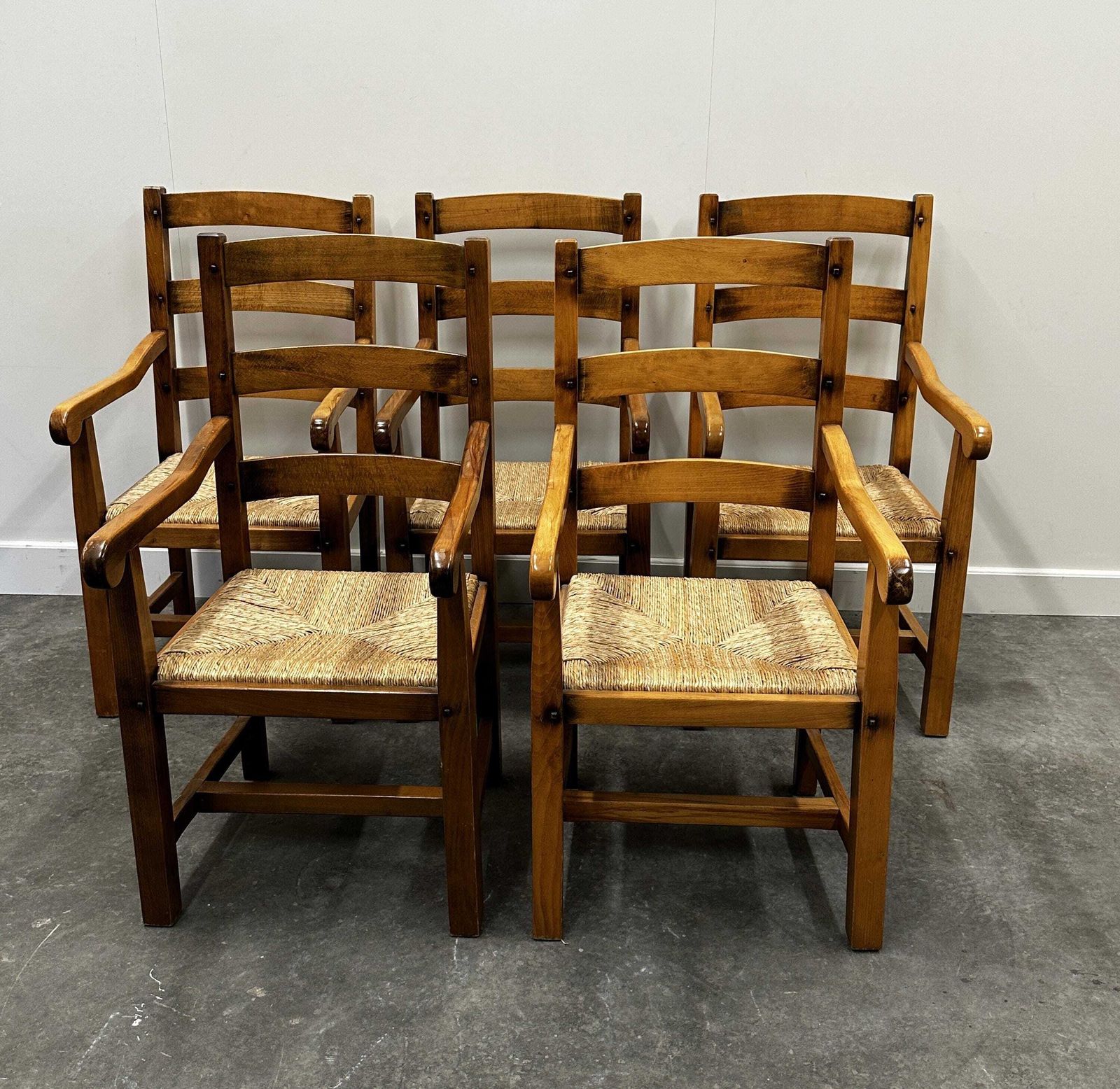 Set Of 5 Large French Oak Dining Armchairs With Rush Seats, 1970s
