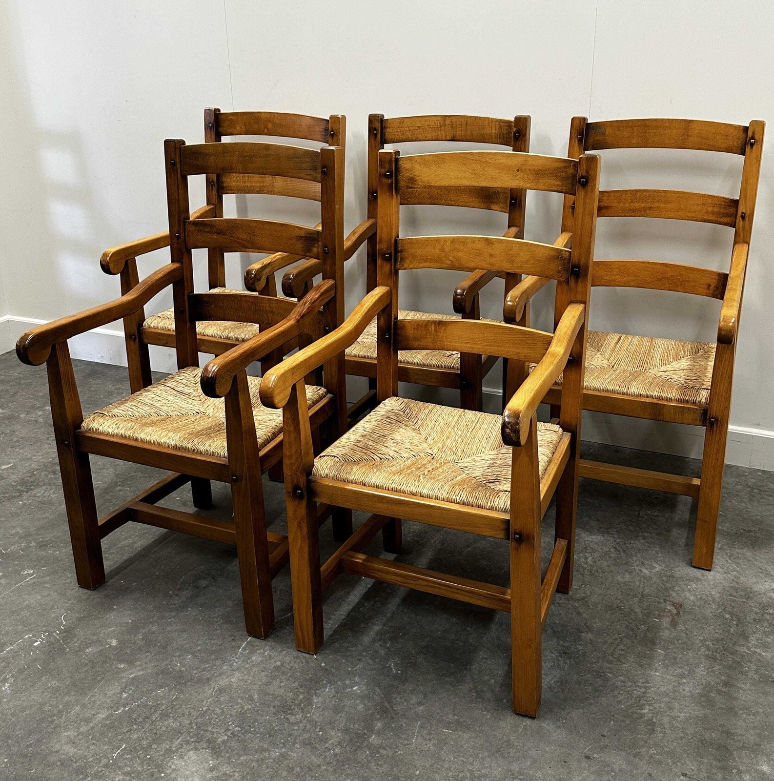 Set Of 5 Large French Oak Dining Armchairs With Rush Seats, 1970s photo 673.0