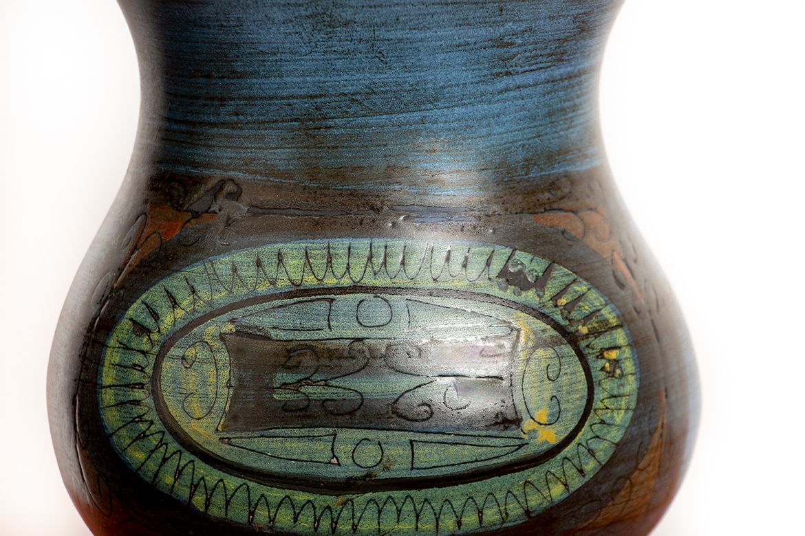 photo furniture Vallauris, Modernist Vase In Blue And Green Glazed Ceramic By Jean De Lespinasse 1950.