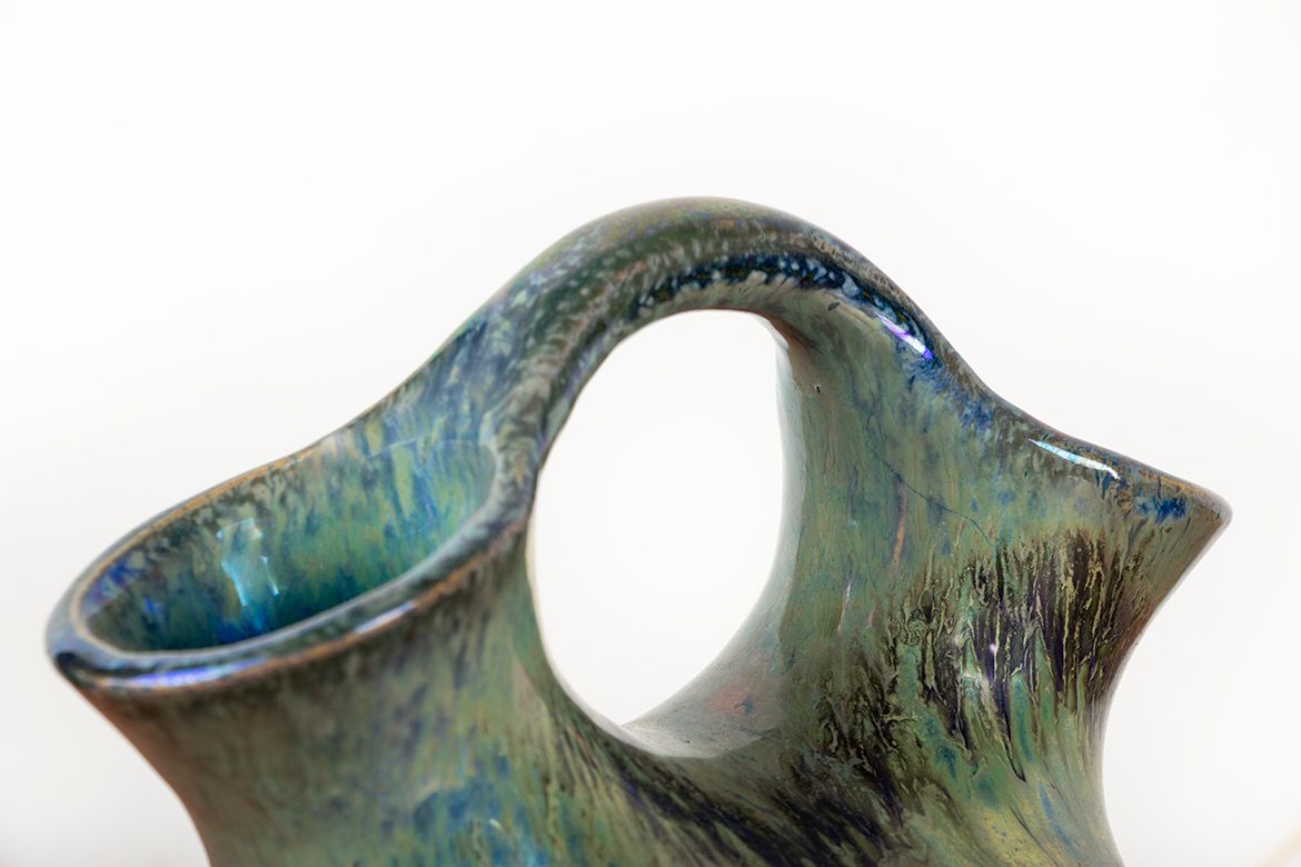 Vase double col Art déco en grès flammé irisé vert, par Alphonse Cytère, 1920. photo 950.0