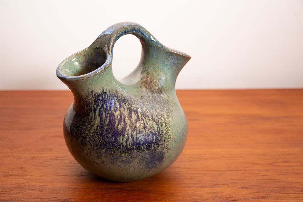 Art Deco Style Double Necked Vase In Iridescent Green Flamed Stoneware By Alphonse Cytère 1920. photo vinterior