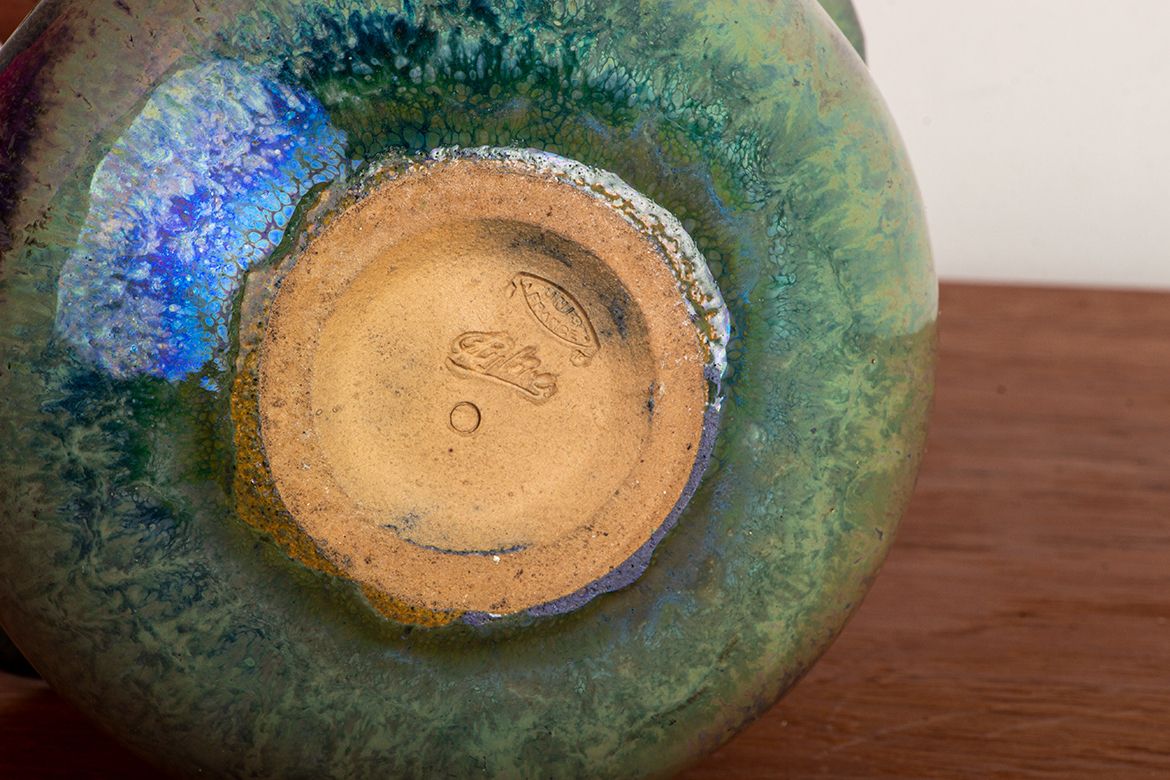 Vase double col Art déco en grès flammé irisé vert, par Alphonse Cytère, 1920. photo buy