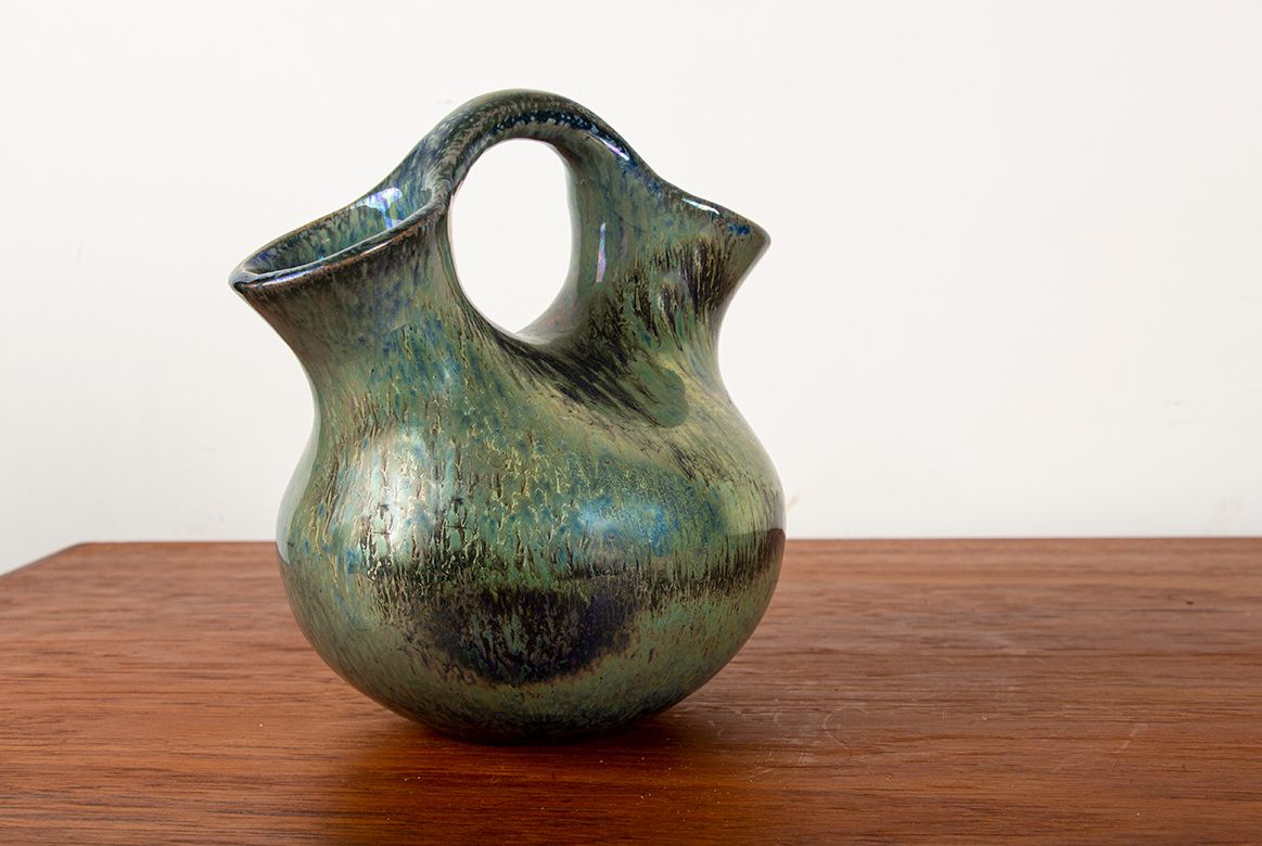 Art Deco Style Double Necked Vase In Iridescent Green Flamed Stoneware By Alphonse Cytère 1920.