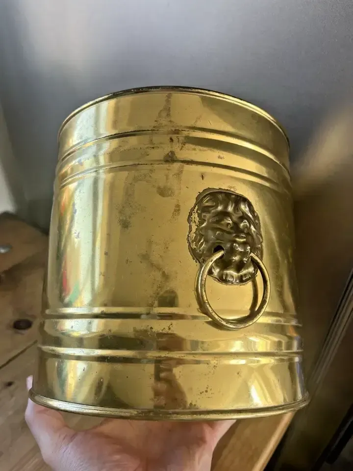 photo for sale Vintage Brass Planter Plant Pot Lions Head Brass Handles Champagne Ice Bucket