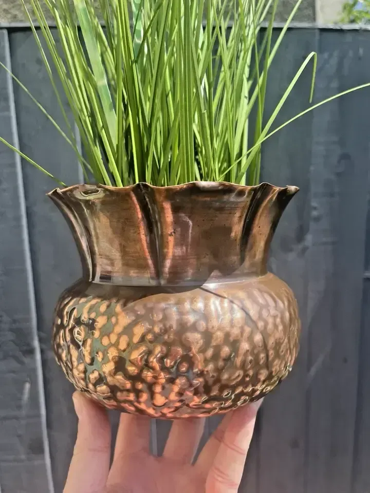 Antique Arts & Crafts Textured Beaten Repousse Copper Fluted Planter Plant Pot photo furniture
