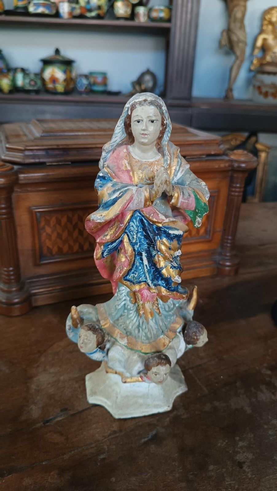 Antique Small Wooden Sculpture, Immaculate Madonna South America 19th Century photo furniture