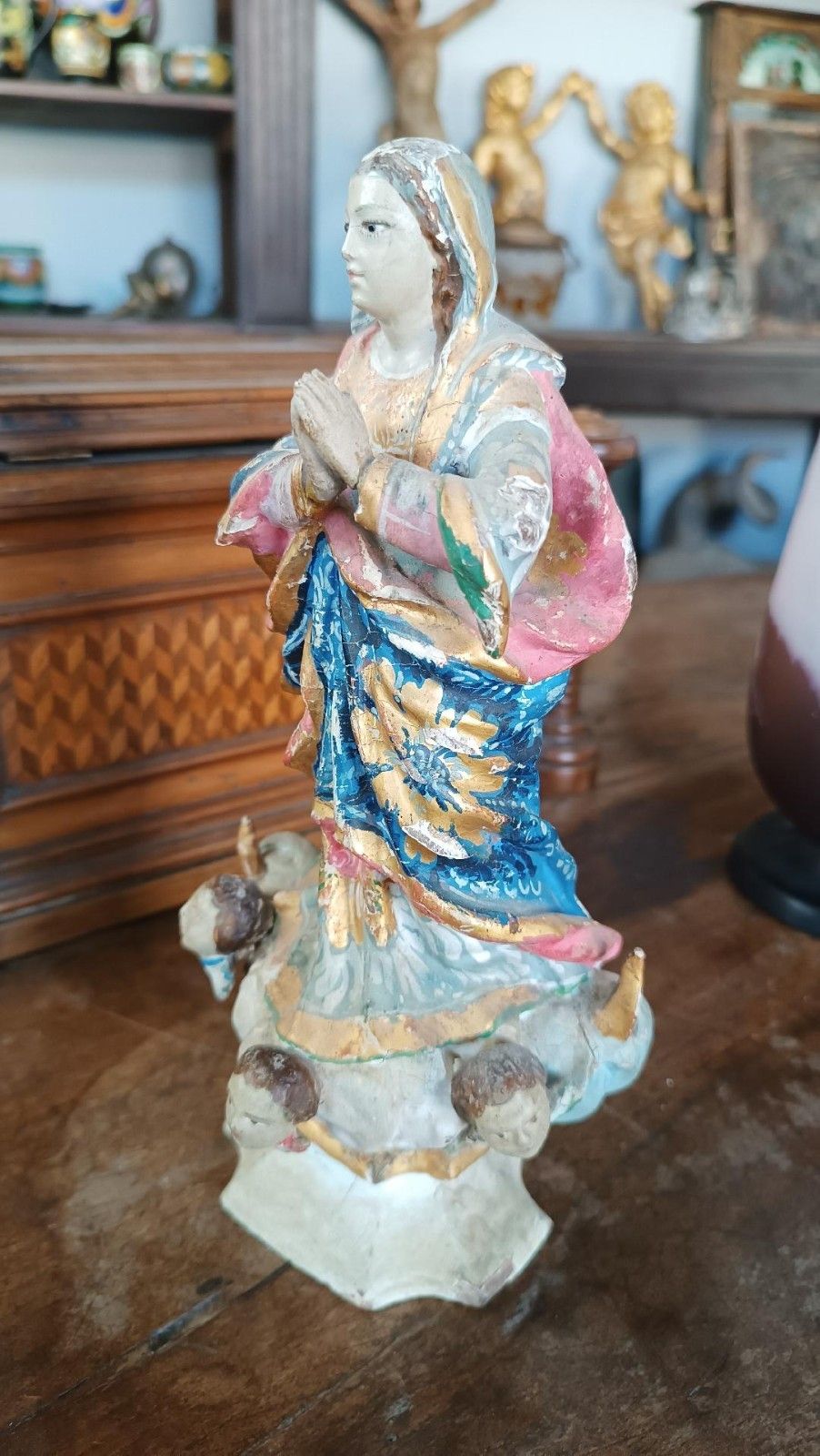 382.0 Antique Small Wooden Sculpture, Immaculate Madonna South America 19th Century photo