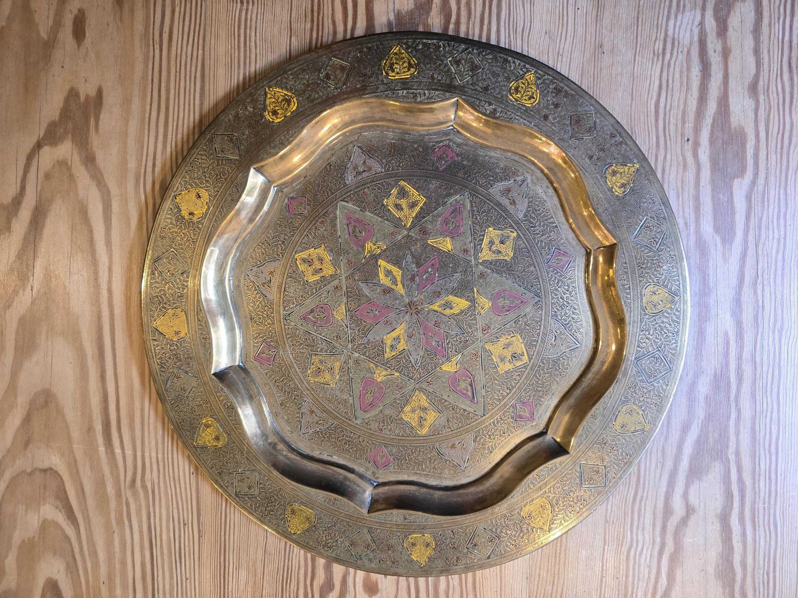Antique Indian Large Brass Tray   Hand Etched With Red And Yellow Detail   Geometric Star And Flower Design