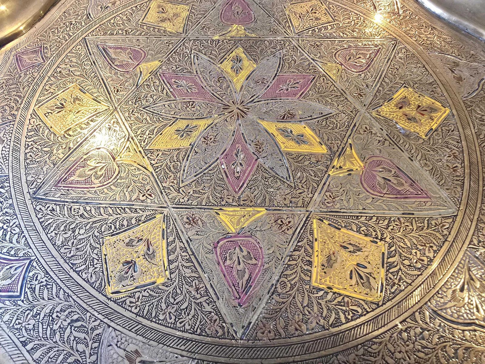 Antique Indian Large Brass Tray   Hand Etched With Red And Yellow Detail   Geometric Star And Flower Design photo furniture
