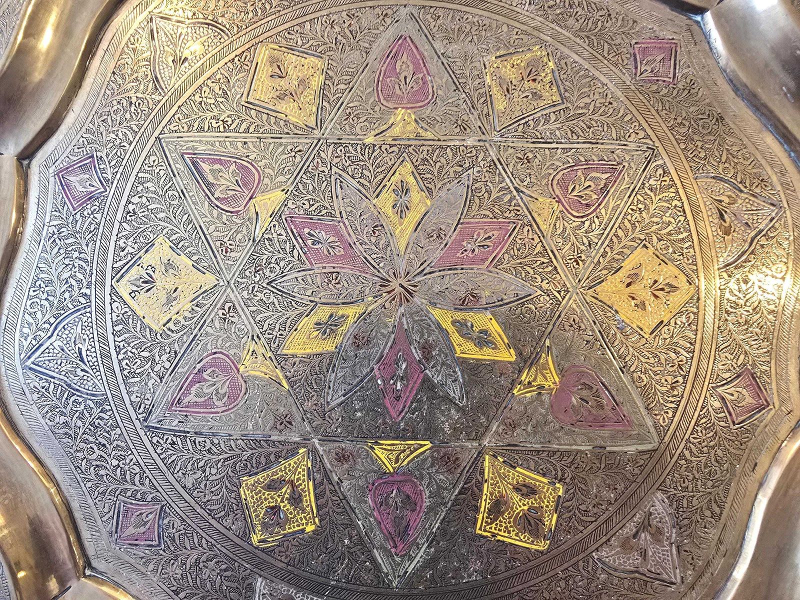 Antique Indian Large Brass Tray   Hand Etched With Red And Yellow Detail   Geometric Star And Flower Design photo for sale