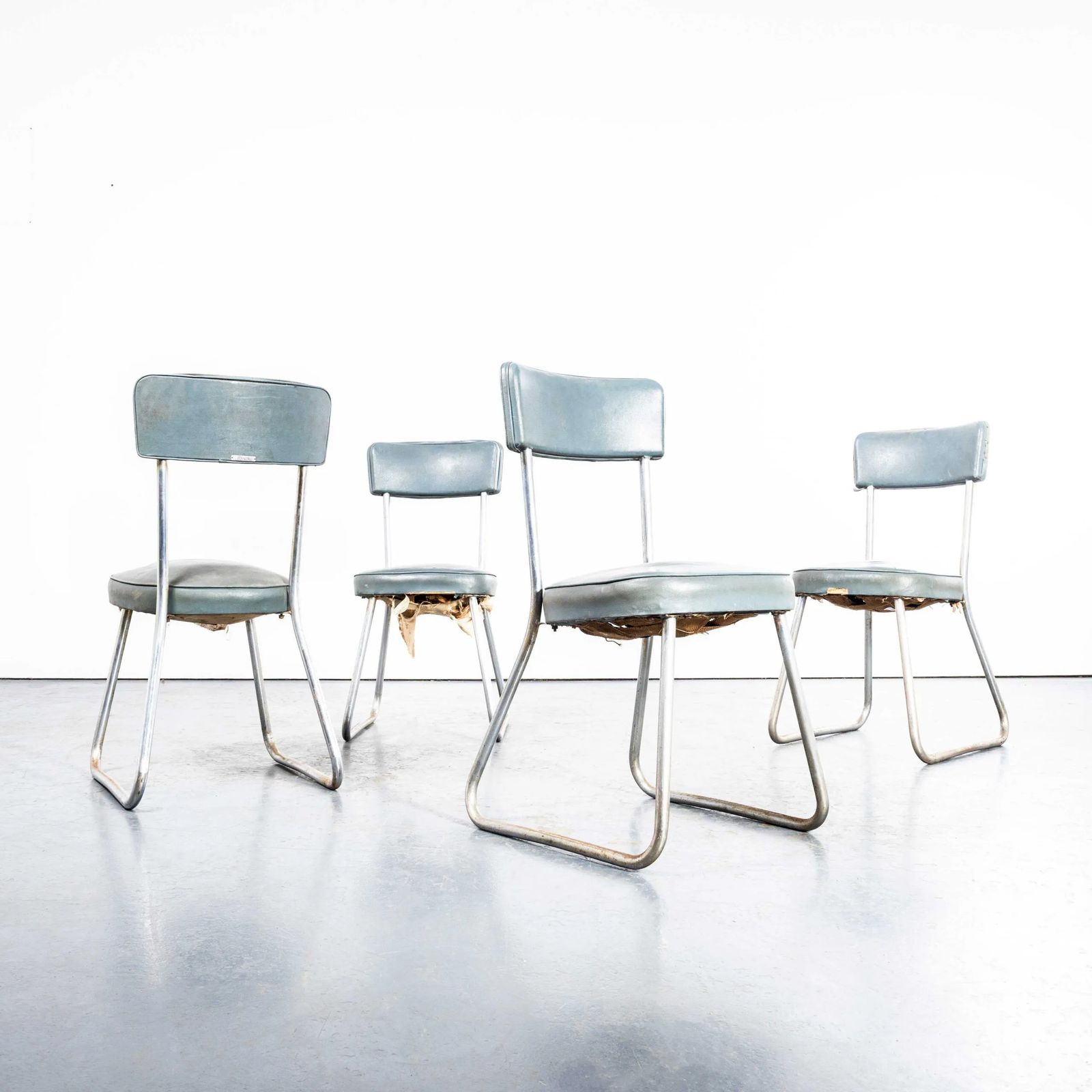 1950’s French Duck Egg Blue Upholstered Dining Chairs By Roneo – Set Of Four