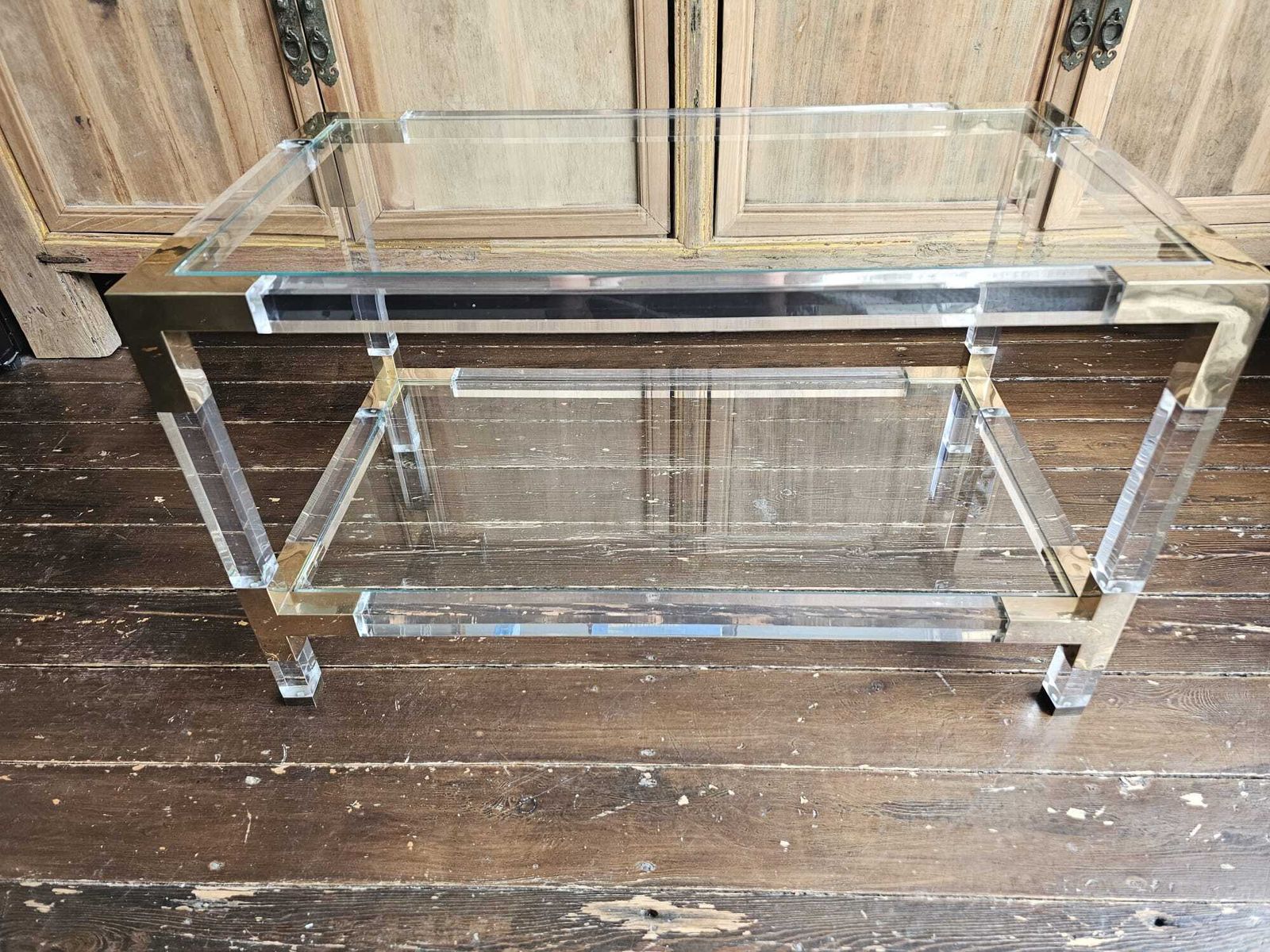 Glass, Lucite & Brass Coffee Table, 1970s, Charles Hollis Jones Style photo 700.0