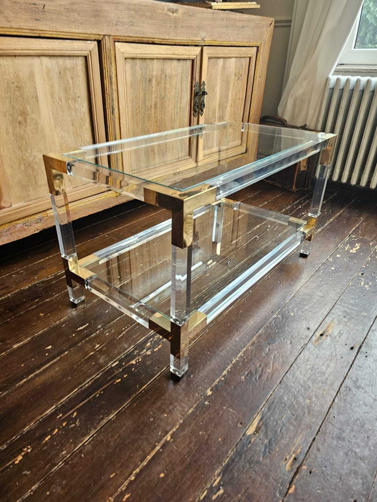 Glass, Lucite & Brass Coffee Table, 1970s, Charles Hollis Jones Style photo vinterior