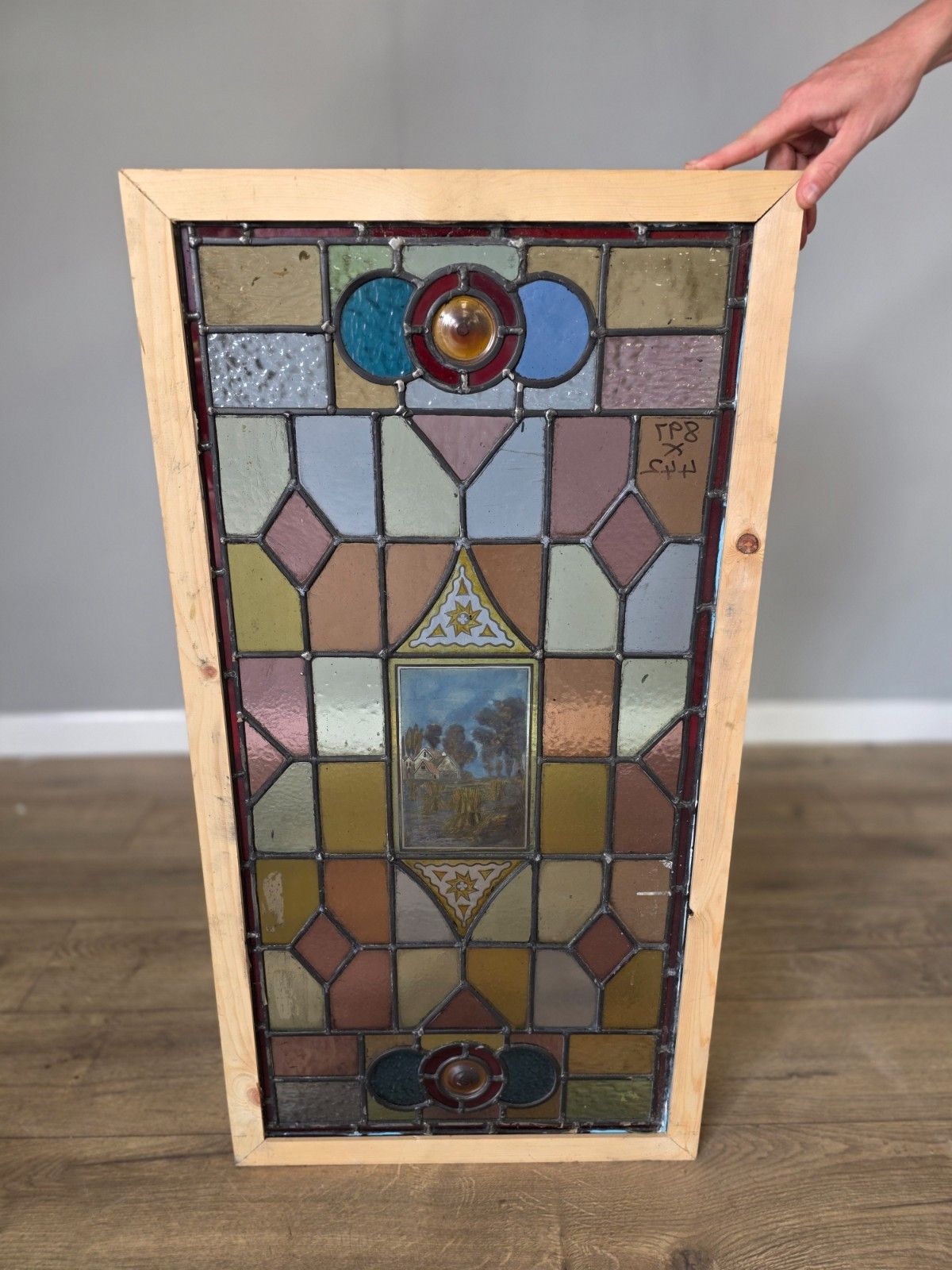 Antique Leaded Glass Window With Hand Painted Country Farmhouse Scene