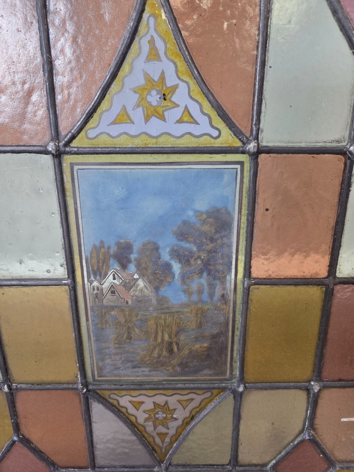 Antique Leaded Glass Window With Hand Painted Country Farmhouse Scene photo furniture
