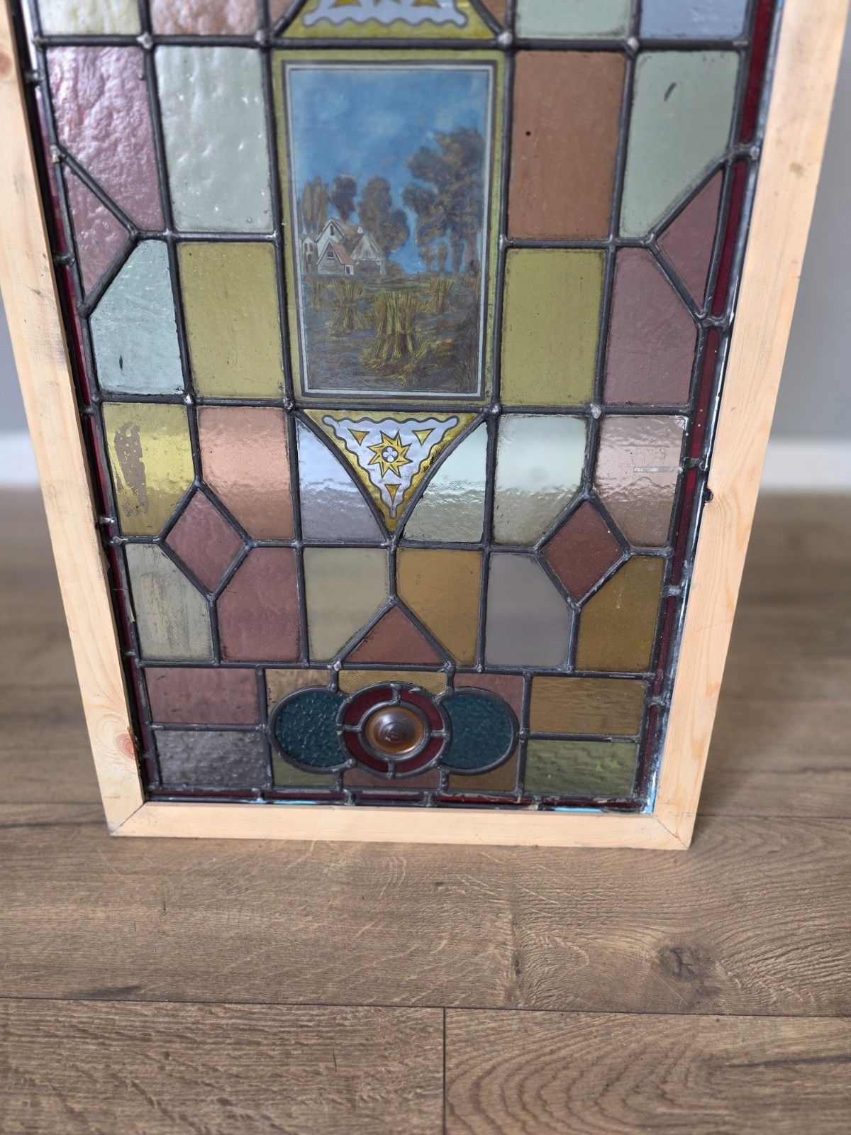 Antique Leaded Glass Window With Hand Painted Country Farmhouse Scene photo Art