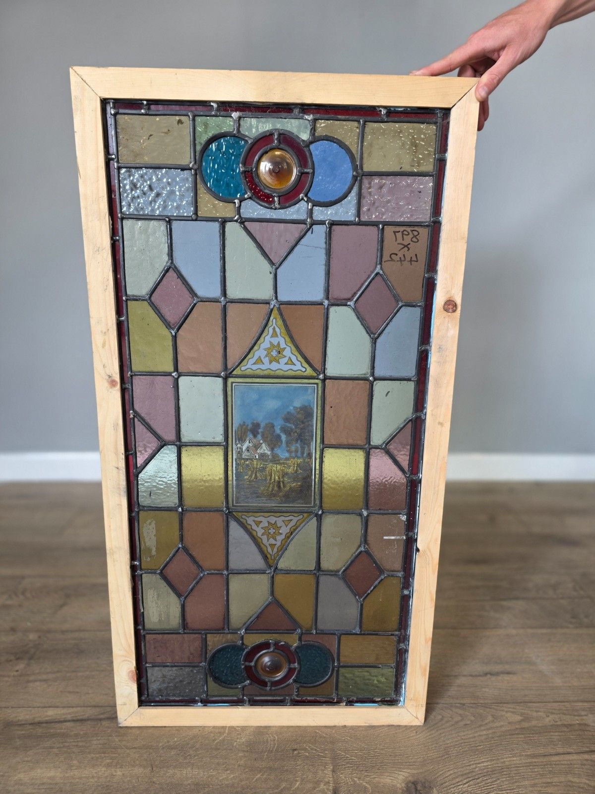 Antique Leaded Glass Window With Hand Painted Country Farmhouse Scene photo 700.0