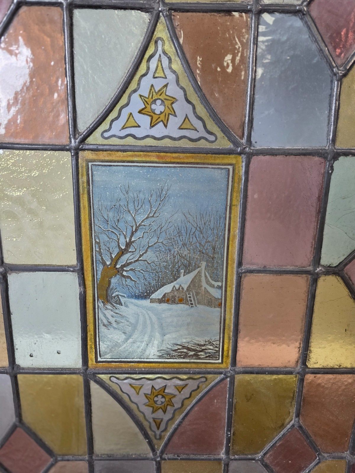 Antique Leaded Glass Window With Hand Painted Winter Scene photo furniture