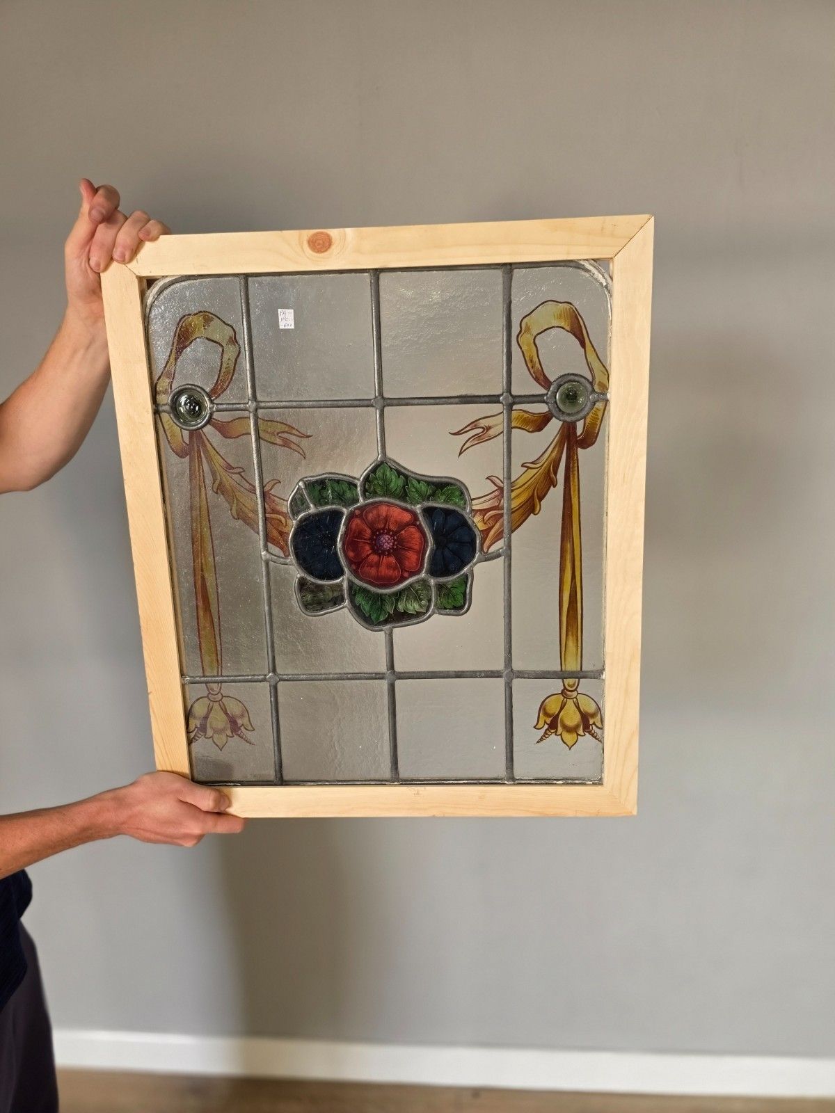 Antique Leaded Glass Window With Hand Painted Detail Of Flowers, Swags And... photo furniture