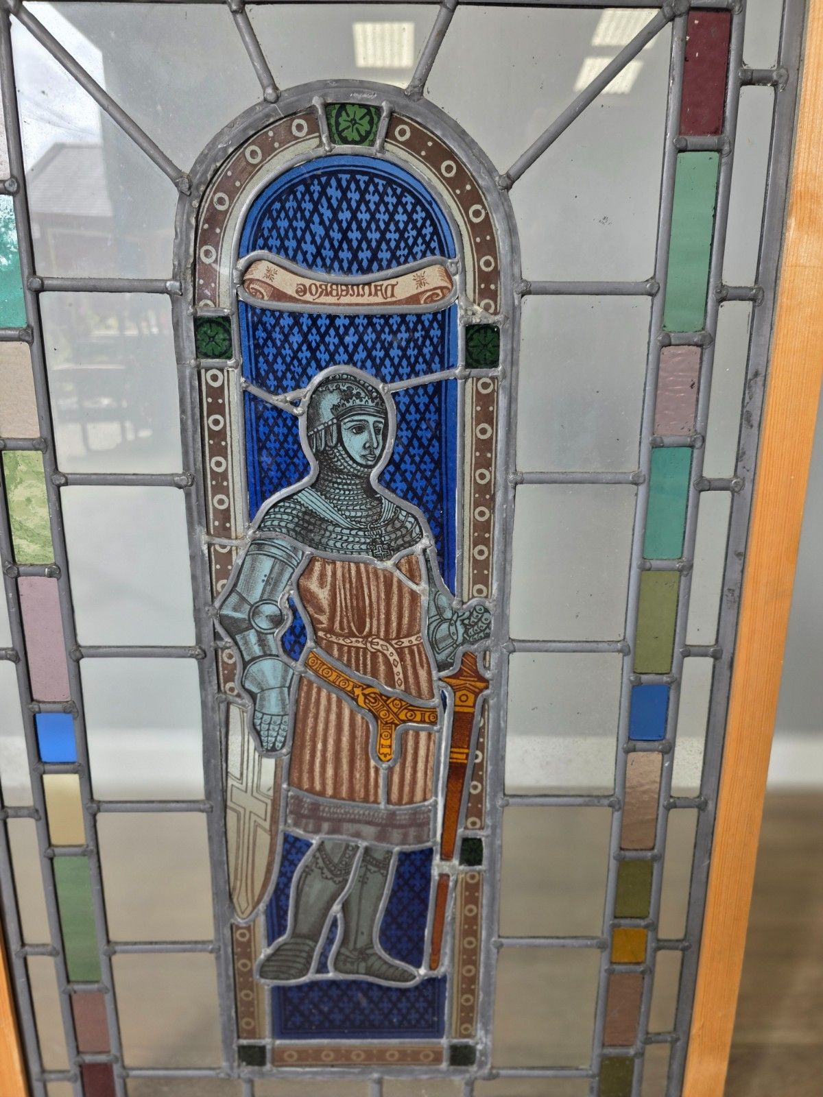 1900 Antique Leaded Glass Window With Hand Painted Victorian Knight In Armour photo furniture