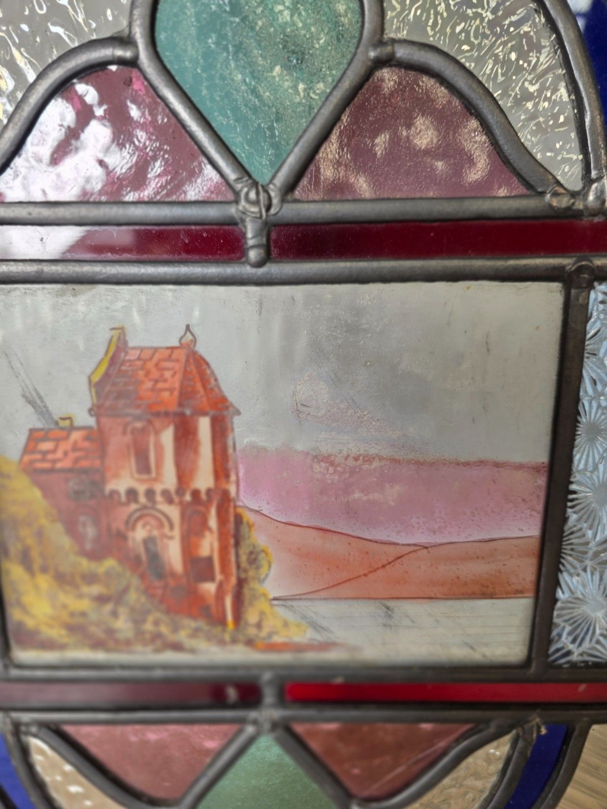 1900 Antique Leaded Glass Window With Hand Painted Countryside Scene photo for sale