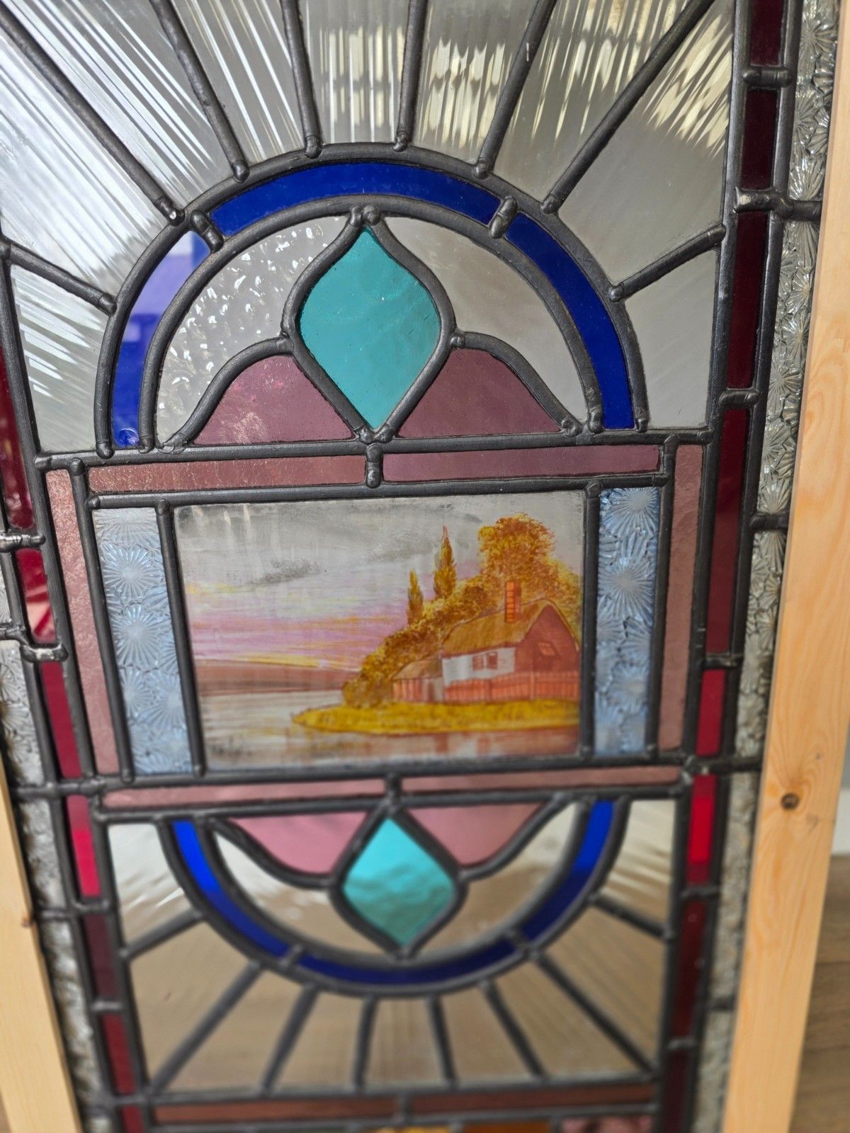 1900 Antique Leaded Glass Window With Hand Painted Countryside Scene photo for sale