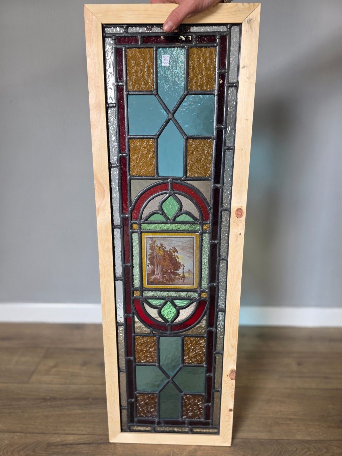 1900 Antique Leaded Glass Window With Hand Painted Countryside Scene photo vinterior