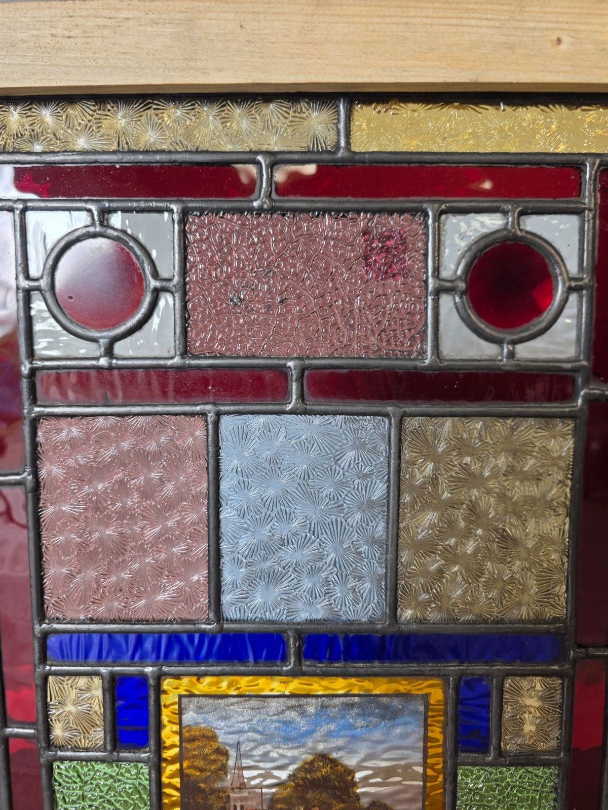 1900 Antique Leaded Glass Window With Hand Painted Countryside Scene photo Art