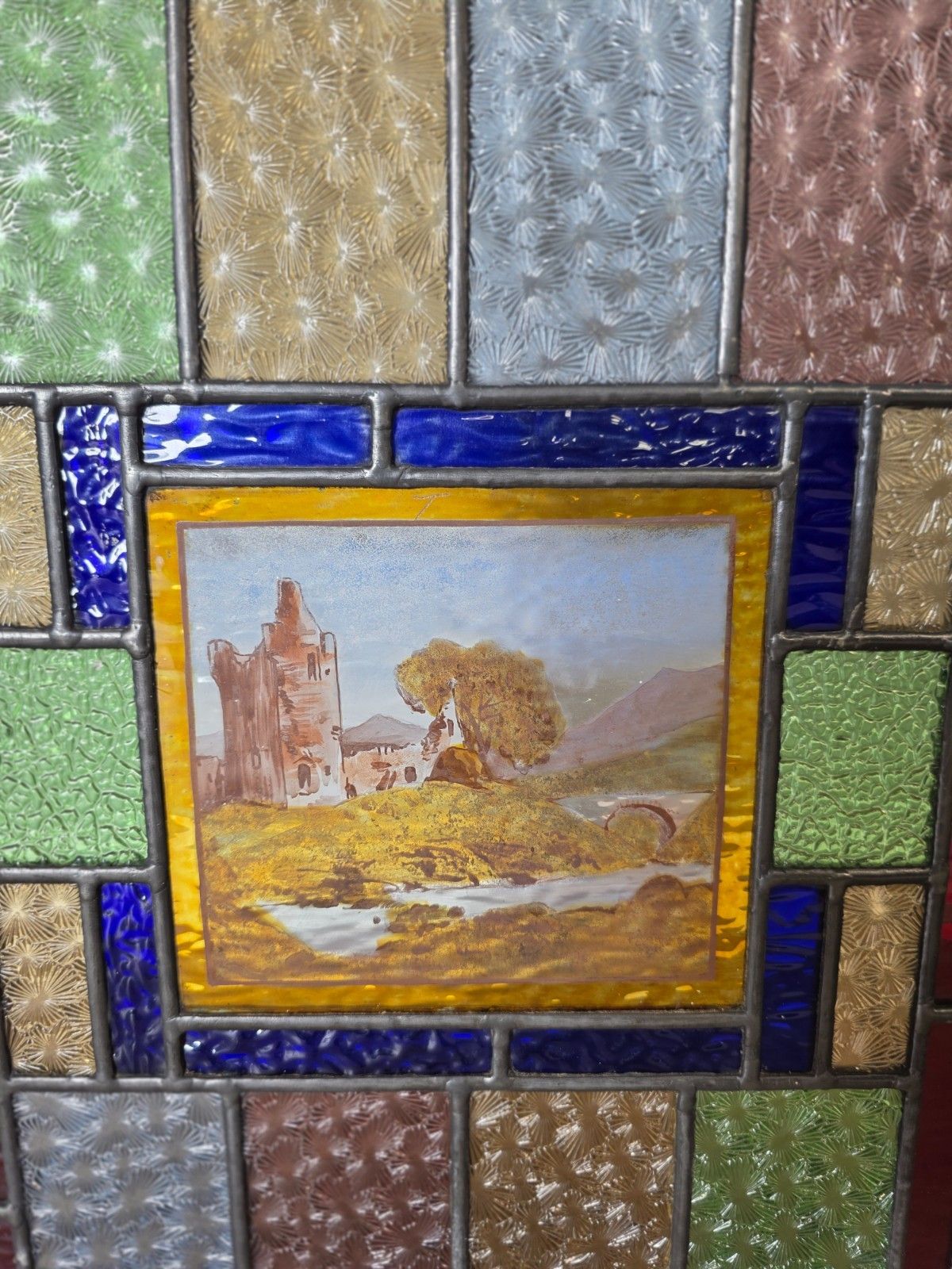 1900 Antique Leaded Glass Window With Hand Painted Countryside Scene With Castle photo for sale